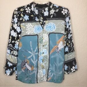 Citron Santa Monica Crane Bamboo Silk Shell Button Blouse XS EUC $259 Artsy Boho